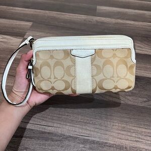 Coach Signature Beige Double Zip Tan and Cream Wristlet Wallet